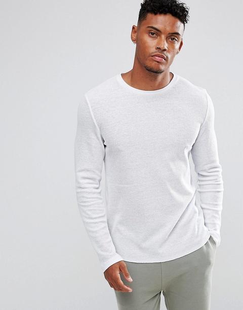 Asos Design Muscle Fit Long Sleeve Waffle T-shirt With Curved Hem In White - White