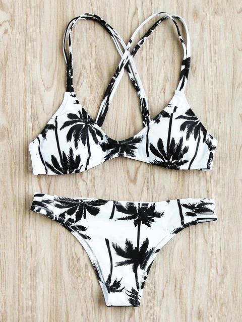 Palm Tree Print Cross Back Bikini Set