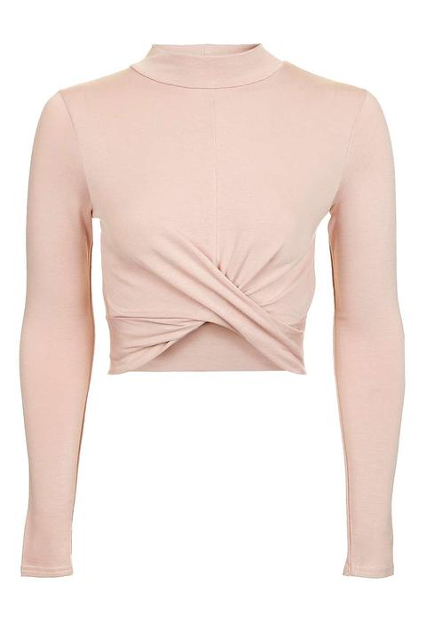 Womens Long Sleeved Twist Front Crop Top - Nude, Nude
