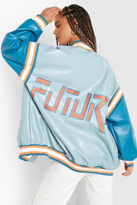 Womens Oversized Faux Leather Varsity Jacket - Blue - 10, Blue