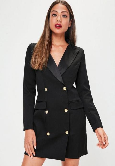 Black Button Tuxedo Blazer Dress, Black