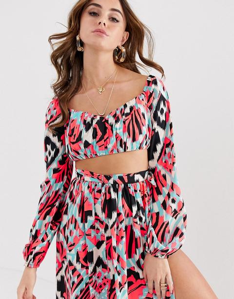 Asos Design Beach Co-ord - Top Corto Con Stampa Ikat E Maniche Milkmaid - Multicolore