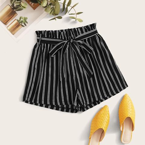 Paper Bag Waist Striped Belted Shorts