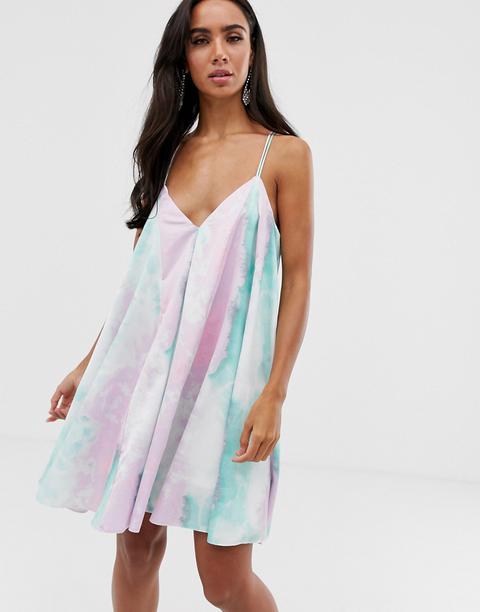 Asos Design Mini Trapeze Dress In Tie Dye Satin-multi