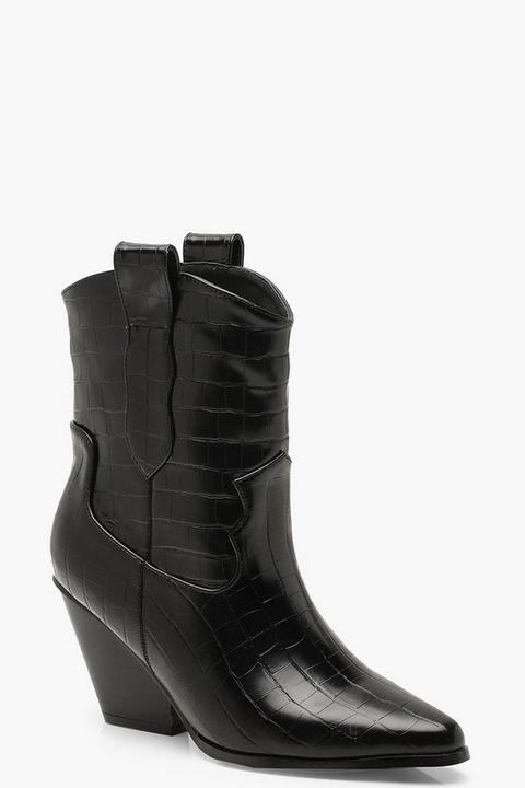 Womens Croc Pointed Cowboy Boots - Black - 3, Black