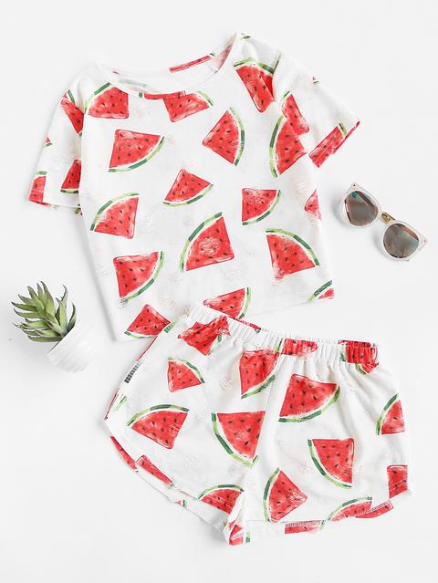 Watermelon Print Frayed Dot Tee And Shorts Set