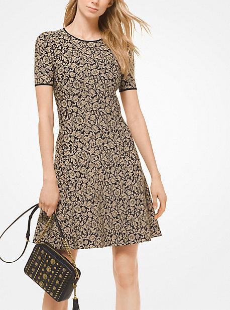 Vestido De Jacquard Metalizado Con Estampado Botánico
