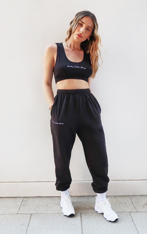 Prettylittlething Black Embroidered Joggers