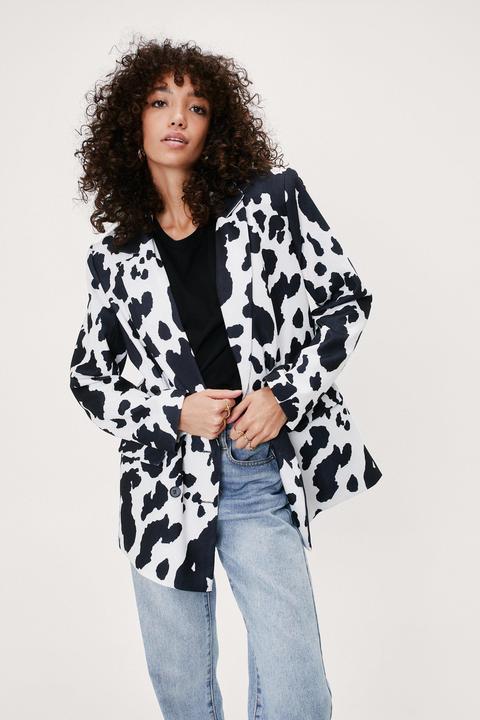 Womens Cow Print Shoulder Pad Blazer