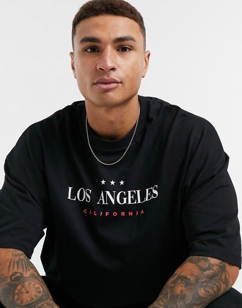Camiseta Negra Extragrande Con Estampado De Nombre De Ciudad "los Angeles" De Algodón Orgánico De Asos Design-negro