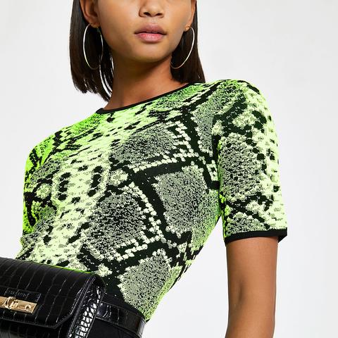 Neon Green Snake Print Knitted T-shirt