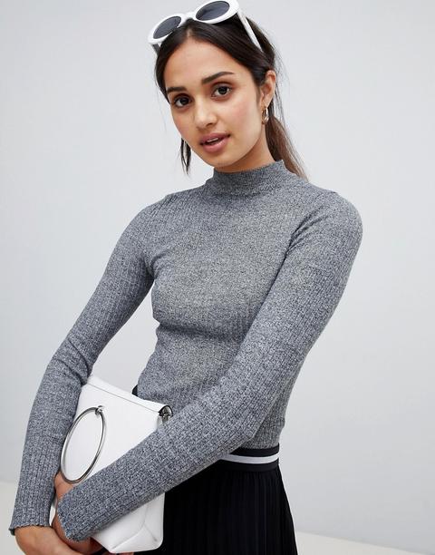 Bershka Vertical Ribbed Funnel Neck Jumper - Grey