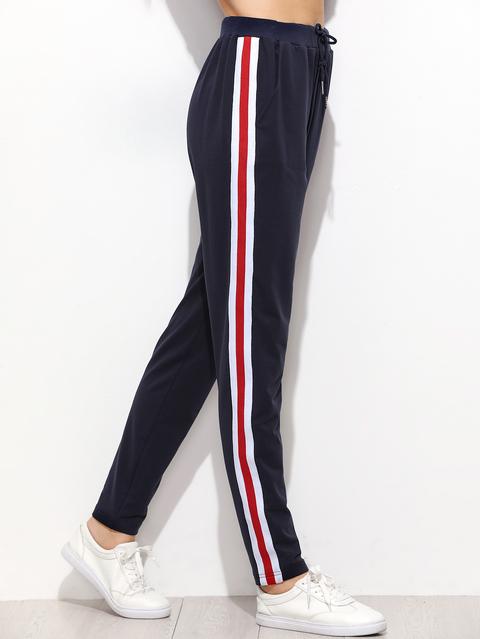 Pantalones De Chándal Con Rayas En Costura Lateral Azul Marino