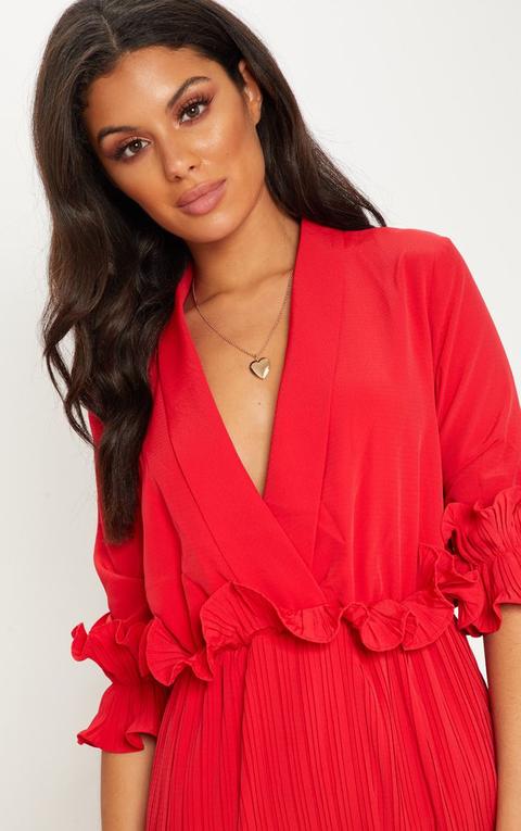 red frill detail pleated skater dress