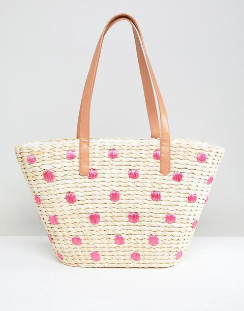 Chateau - Borsa Da Spiaggia In Paglia Con Ricamo A Pois - Beige