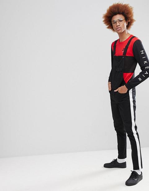 Asos Skinny Dungarees With White Side Stripe In Black - Black
