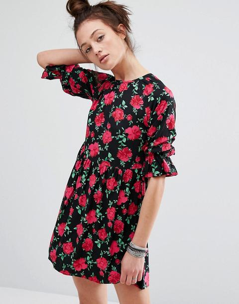 Motel - Vestito Grembiule A Fiori - Nero