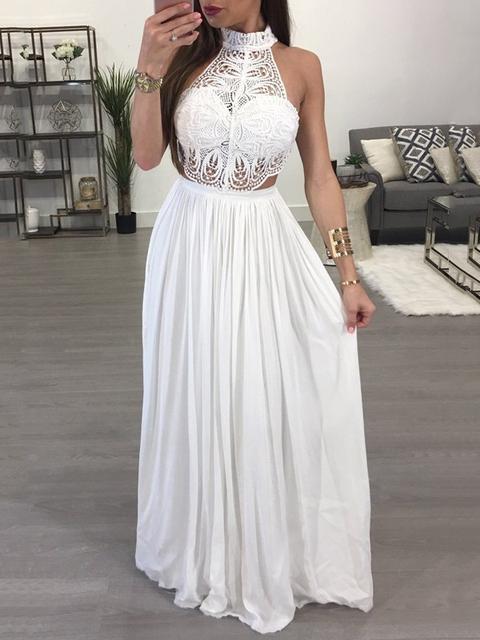 Maxi Dress Pizzo Senza Schienale Con Pieghe Al Collo Elegante Partito Bianco