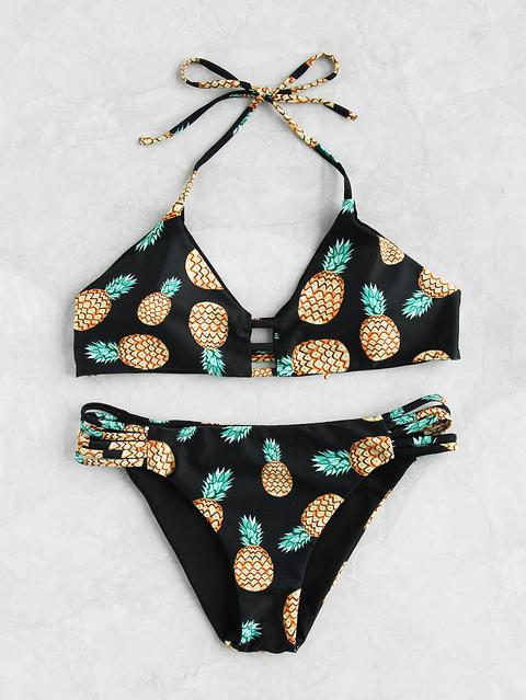 Allover Pineapple Print Ladder Cutout Bikini Set