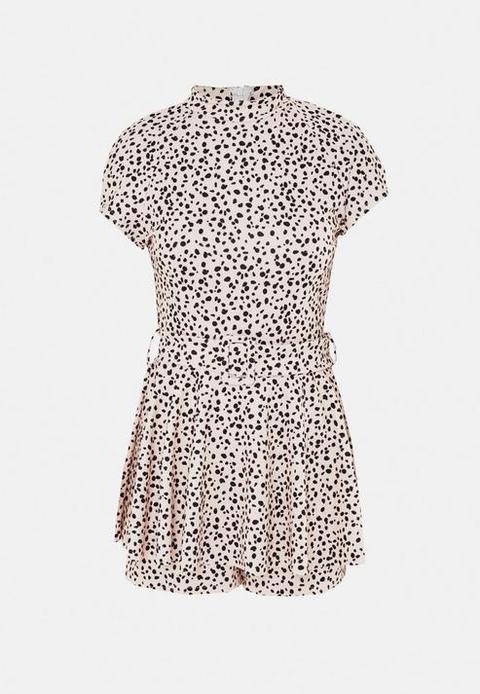 Ivory Dalmatian Print Skort Belted Playsuit, Cream