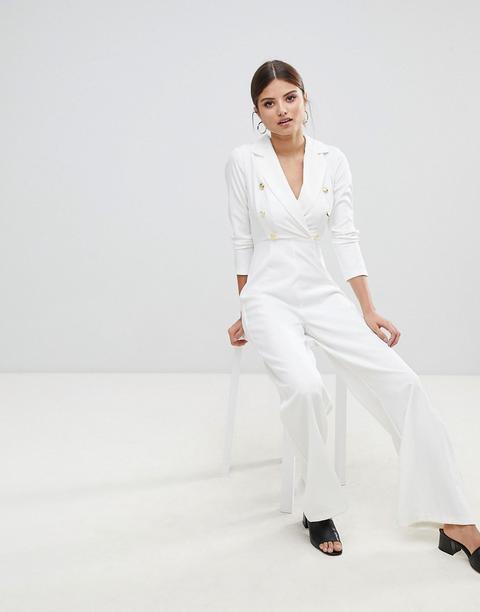Missguided - Tuta Lunga Con Bottoni Oro - Bianco