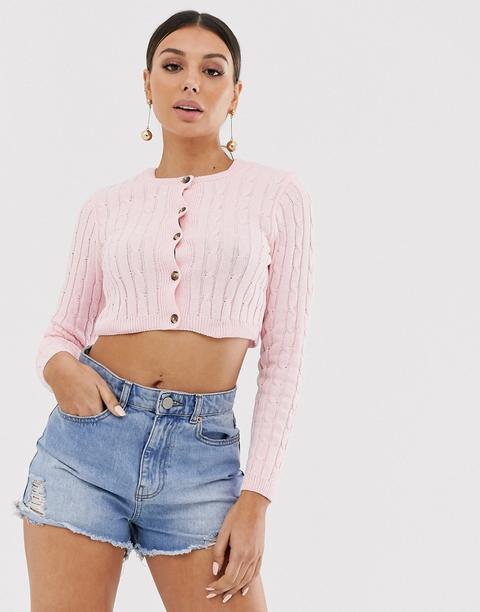 Asos Design Super Crop Cable Cardigan In Recycled Blend-pink