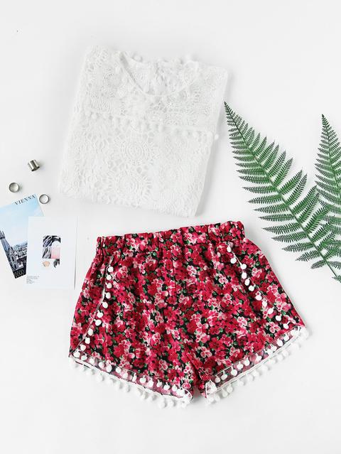 Ditsy Print Pom Pom Trim Shorts