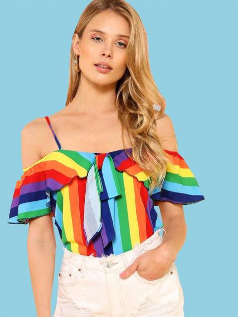 Top A Righe Arcobaleno A Spalla Fredda Con Nodo Davanti