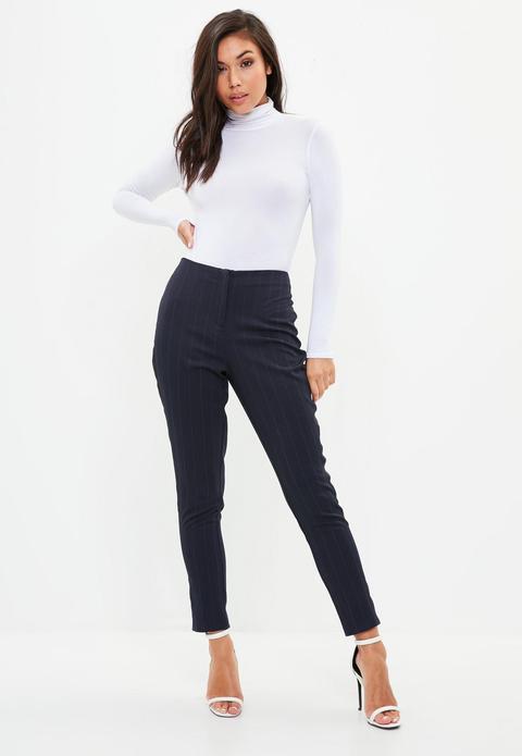 Navy Pinstripe Side Stripe Cigarette Trousers, Blue