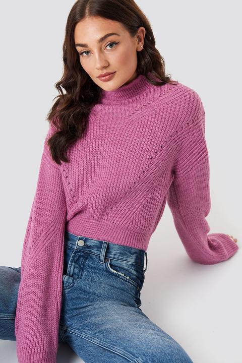 High Neck Pattern Knitted Sweater Pink