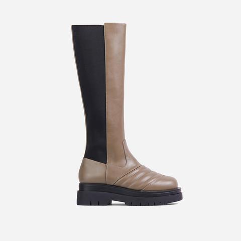 Jax Stitch Detail Chunky Sole Elasticated Knee High Long Biker Boot In Khaki Green Faux Leather, Green