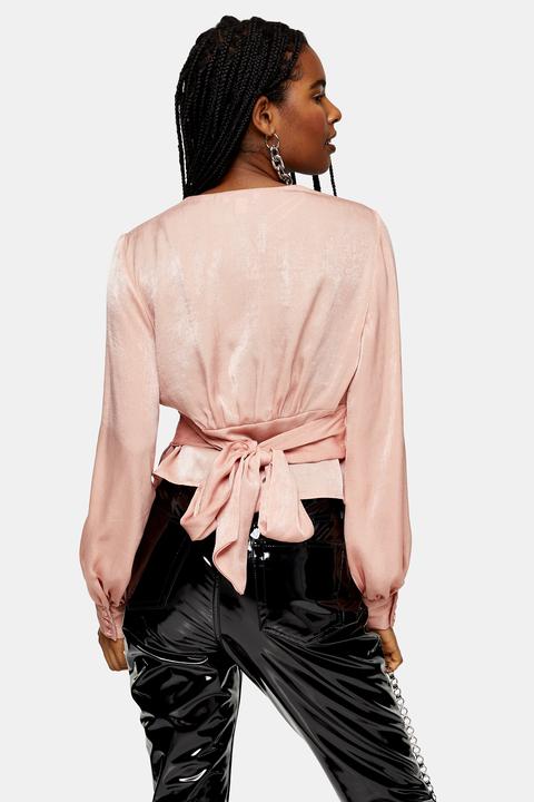 pink satin tie front top