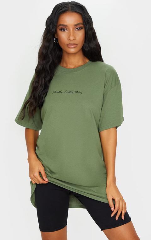 Prettylittlething Khaki Slogan Oversized T Shirt