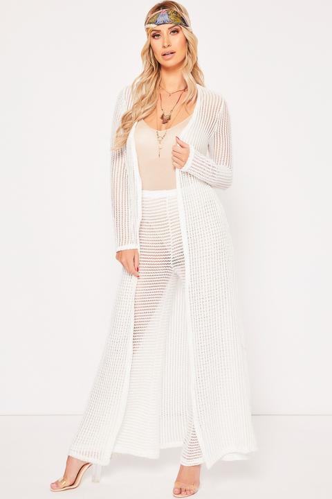 Ferne Mccann White Crochet Style Lace Floor Length Kimono