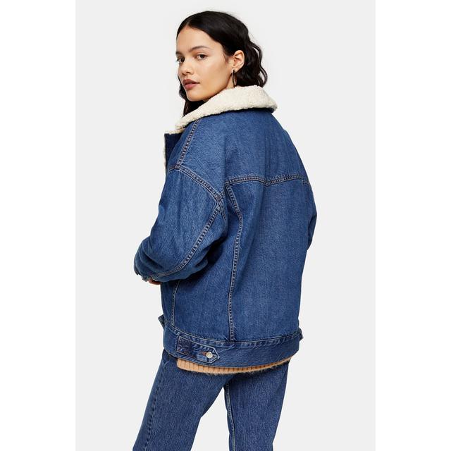 Womens Oversized Borg Lined Biker Denim Jacket - Mid Blue, Mid