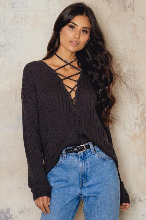 V Neck Lacing Front Rib Knitted Sweater