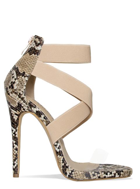 Madeline Beige Snake Clear Strappy Stiletto Heels