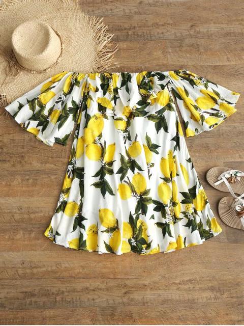 Vestido Trapecio Con Estampado De Limón Y Hombros Descubiertos