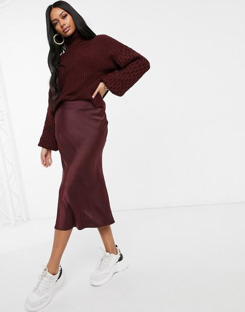 Na-kd Satin Midi Skirt In Burgundy-red