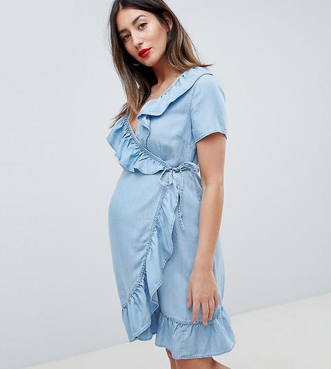 Asos Design Materntiy - Vestito A Portafoglio Di Jeans Con Volant Blu Medio Slavato - Blu