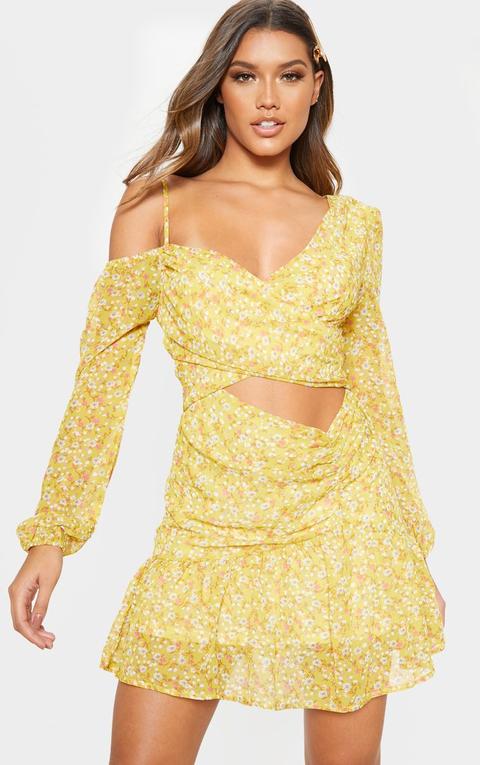 Lemon Floral Print Chiffon Cut Out Skater Dress, Lemon