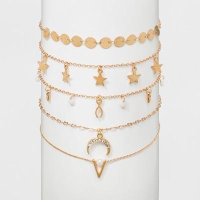 Choker With Star, Discs And Beads Necklace Set 5ct - Wild Fable Gold