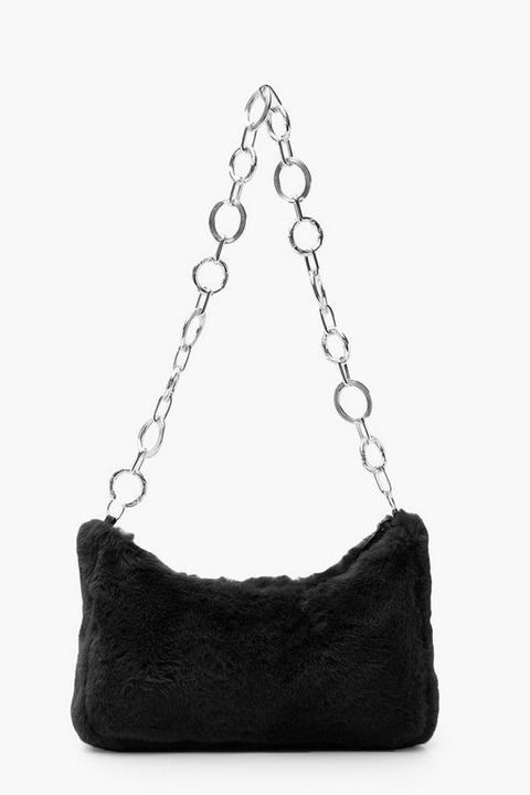 Womens Faux Fur Under Arm Chain Link Bag - Black - One Size, Black