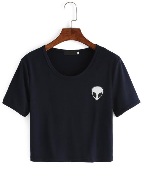 Blue Crew Neck Alien Print Crop T-shirt