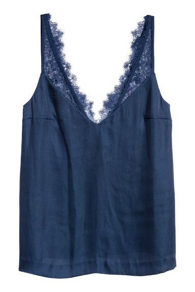 H & M - Top De Satén Con Encaje - Azul