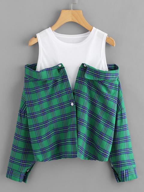 Cold Shoulder Plaid Color Block Top