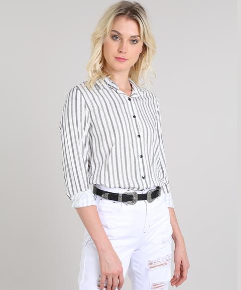 Camisa Feminina Listrada Manga Longa Off White