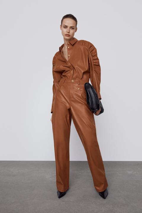 Wide-leg Faux Leather Trousers from Zara on 21 Buttons