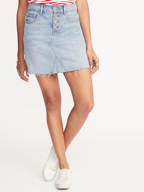 High-waisted Button-fly Raw-edge Jean Skirt For Women