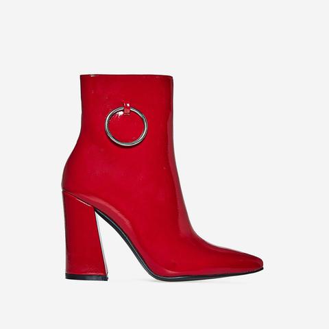 Ruben Pull Ring Detail Ankle Boot In Red Patent, Red